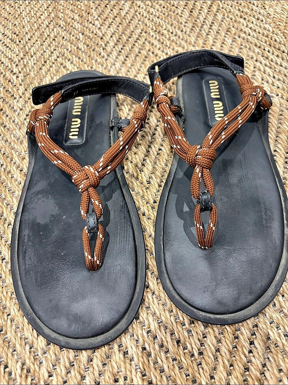 Miu miu Riviere Cord and Leather Sandals Black & Brown